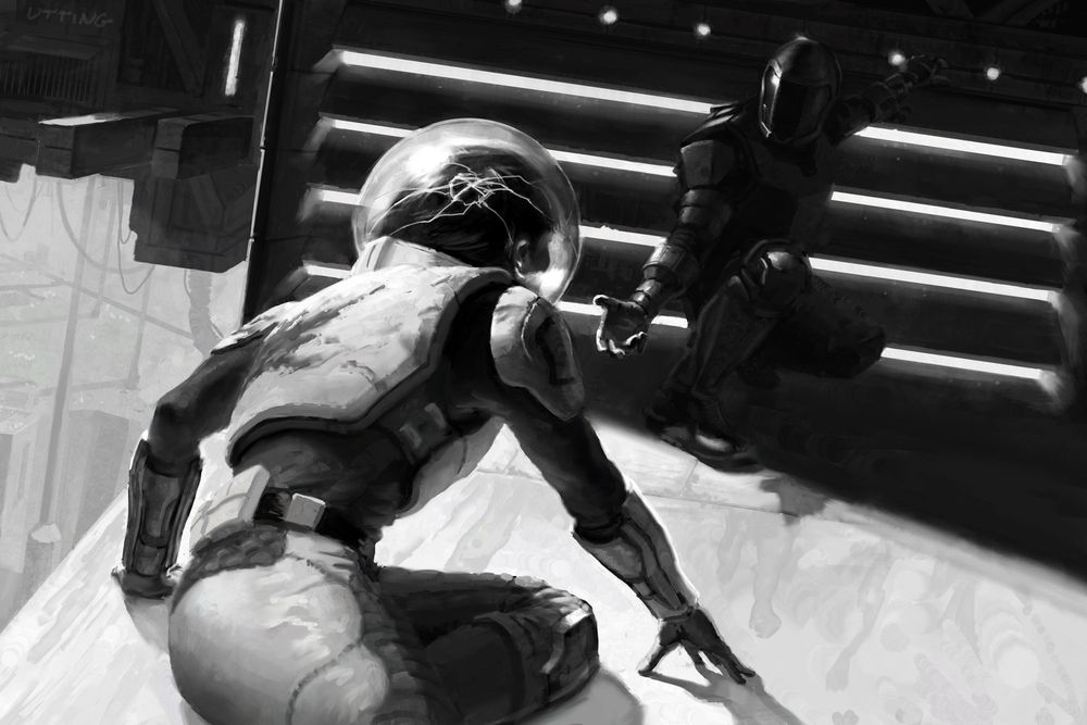 A digital painting of two sci-fi characters. One has a glass dome helmet with a large crack in it and is perched on a large. The other is dark and shadowed, and is extending a hand towards the other out of the shadows. Behind them are horitoznal vents, light up.