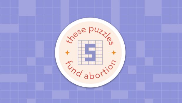 TPFA logo on a purple crossword background. Logo says These Puzzles Fund Abortion with a 5 spelled out in a crossword grid.