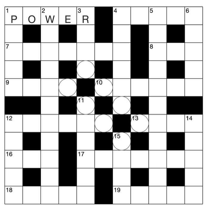 Image of cryptic-style crossword grid. The first word, POWER, has already been filled in. Some of the squares in the puzzle are circled. 