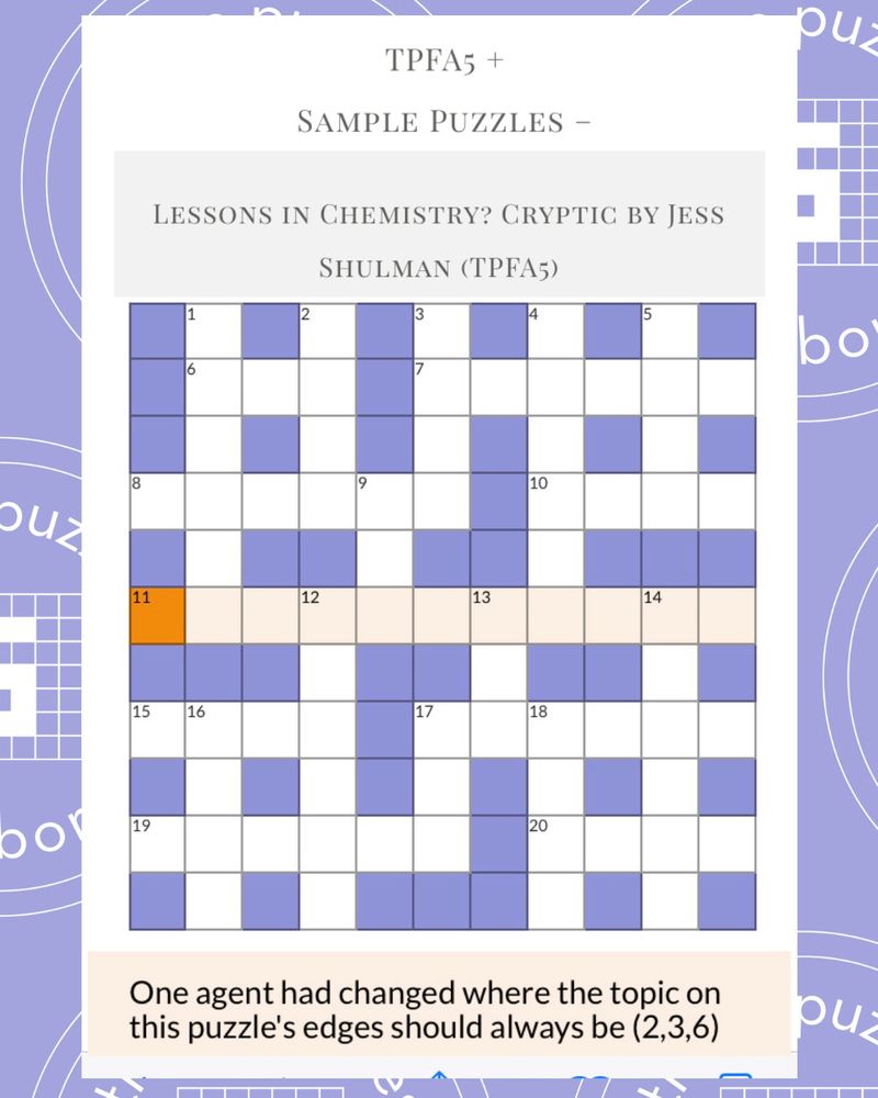Image of crossword puzzle titled “Lessons in Chemistry” Cryptic by Jess Shulman, with the first clue highlighted (One agent had changed where the topic on this puzzle’s edges should always be (2,3,6))