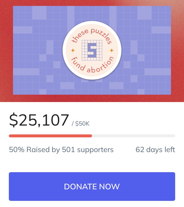 screenshot of These Puzzles Fund Abortion donation website, showing TPFA logo and donation tracker at $25,107 towards the $50,000 goal