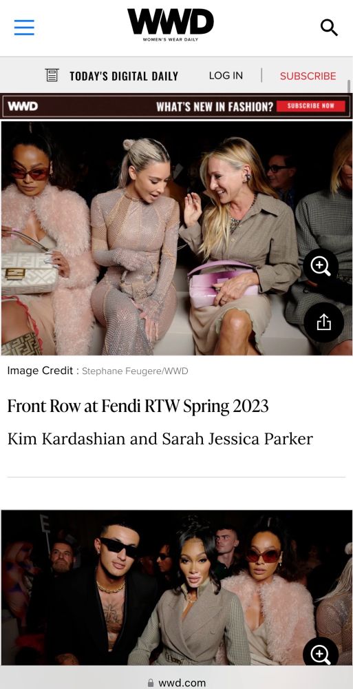 Screenshot of WWD photos of Kim Kardashian and Sarah Jessica Parker front row at the Spring 2023 Fendi fashion show 