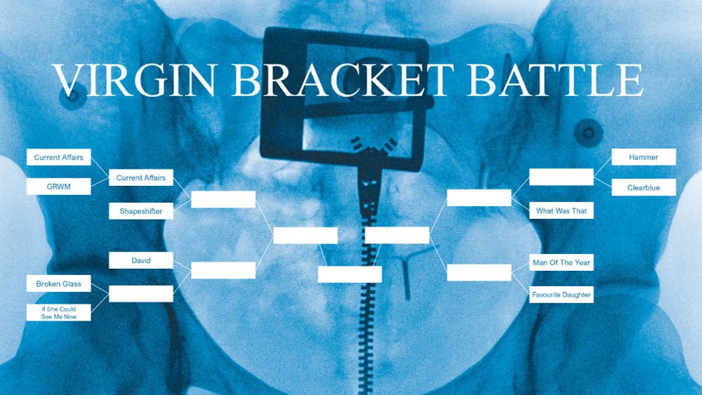 11 songs displayed in a bracket battle tournament format. the background is the cover of lorde's hit new album "virgin"
