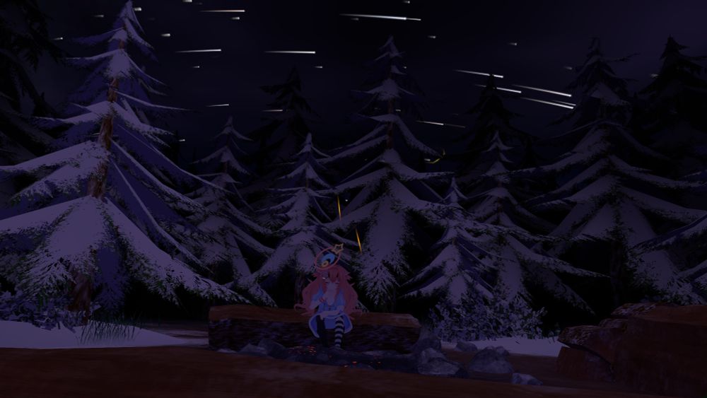 Picture of an avatar sitting on a log outside and thinking, in a snowy forest, under a starry night.