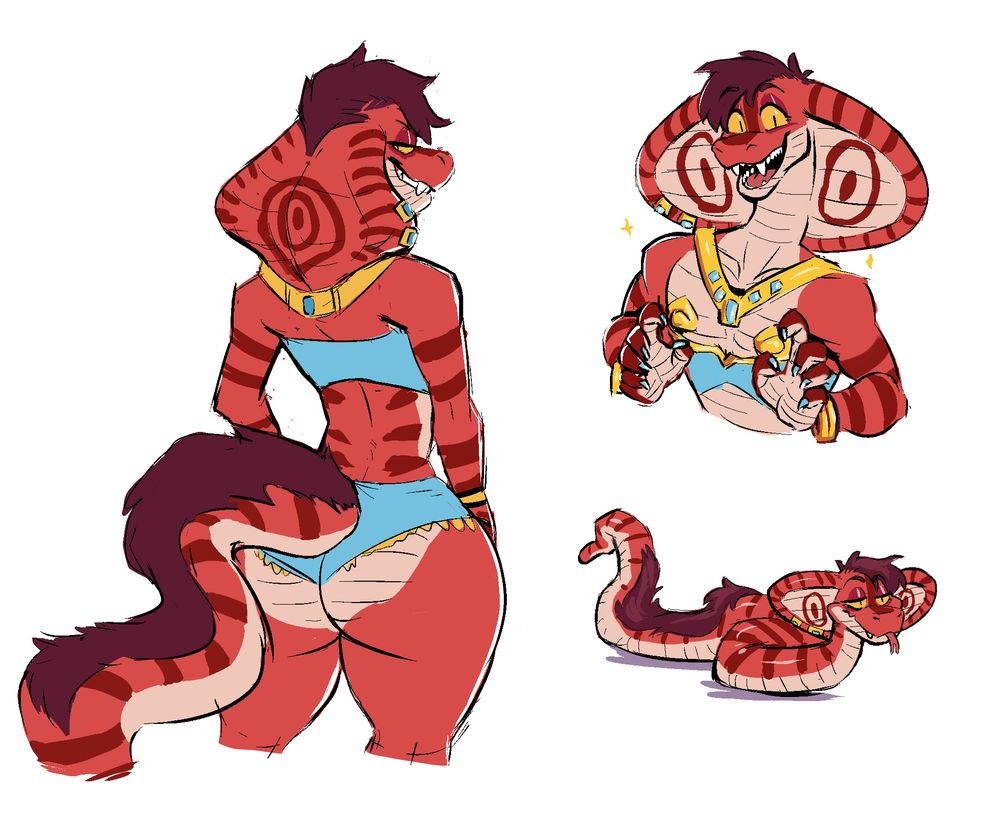three drawings of an anthropomorphic, scantily clad, coral pink cobra dude. on the left he is seen from the back, top right he is giving a nice big smile and bottom right he is drawn in tube mode, looking rather smug