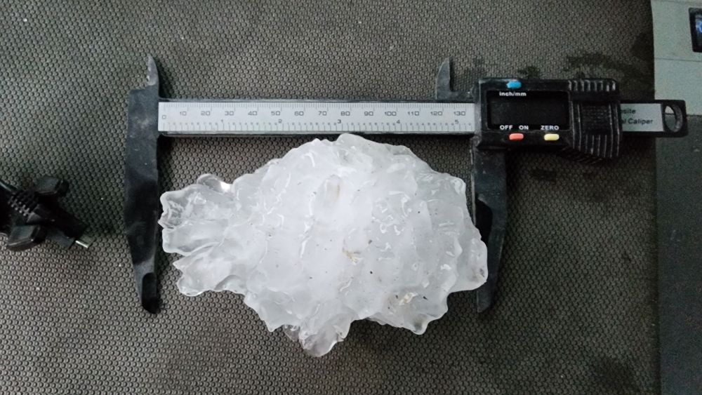 Photo of the new Colorado record hailstone in terms of maximum diameter, measured with calipers at 5.25". Photo courtesy of Dan Fitts.