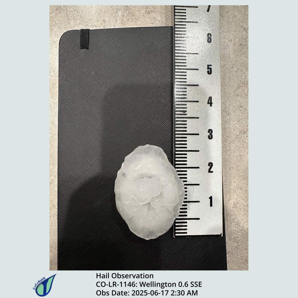 Photo of a CoCoRaHS hail observation with a 2.5" hailstone from Wellington, Colorado at 2:30am on June 17, 2025. From https://www.cocorahs.org/ViewData/ViewHailReport.aspx?HailReportID=5595acd1-dca2-42df-a22d-65f6218d4087