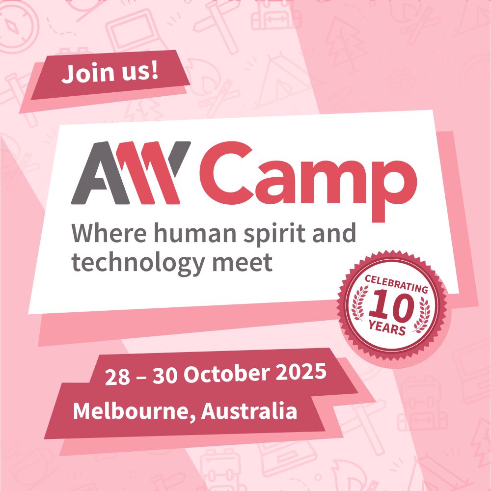 Join us! A11y Camp where human spirit and technology meet. Celebrating 10 years. 28 - 30 October 2025. Melbourne Australia. Camp fire, tent, trees.