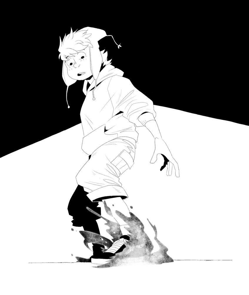 drawing of my character kristy with a ghost climbing up her leg