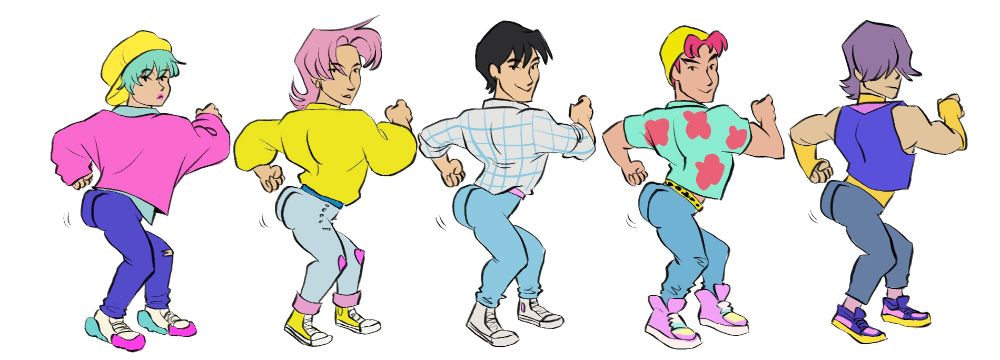 a lineup of the saja boys from the netflix movie kpop demon hunters in the stupid sexy flanders pose