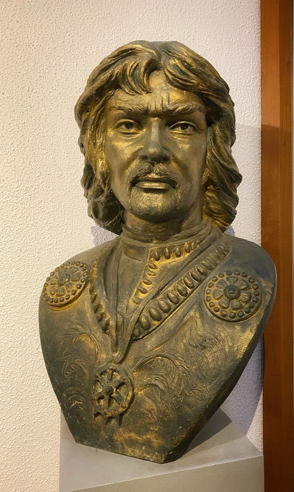 Bronze bust of Attila The Hun, a very handsome chap with a luxuriant moustache and flowing locks