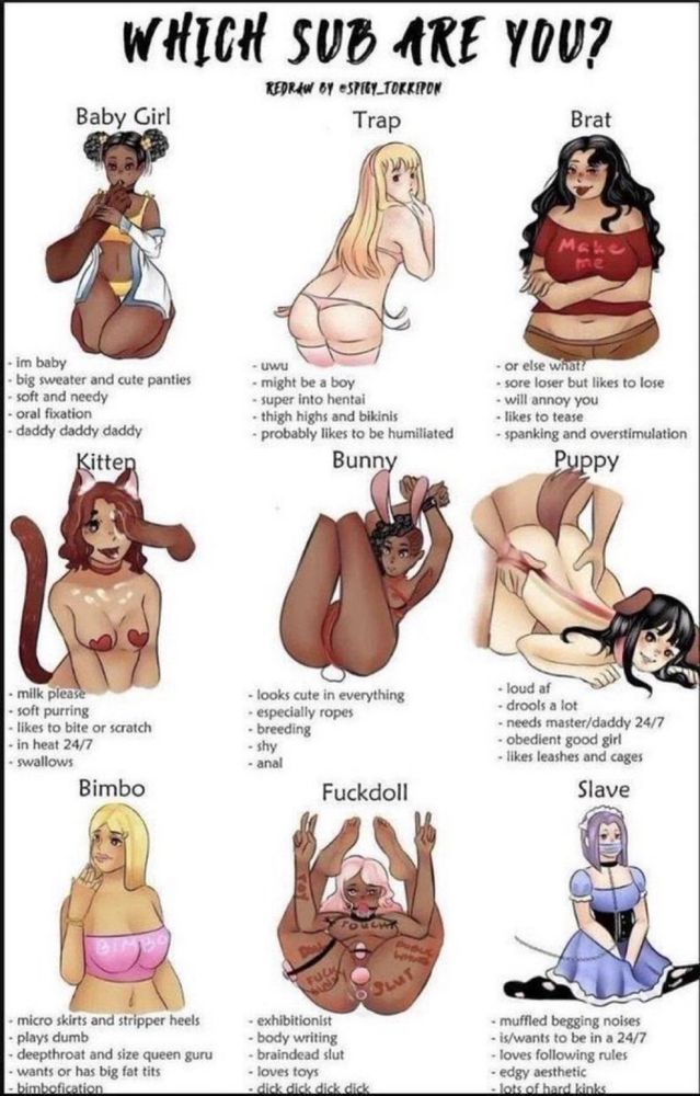 WHICH SUB ARE YOU?
REDRAW BY eSPIGY_TORKIPON
Baby Girl 
- im baby, big sweater and cute panties, soft and needy, oral fixation, daddy daddy daddy
Trap
- uwul, might be a boy, super into hentai, thigh highs and bikinis, probably likes to be humiliated
Brat
• or else what? sore loser but likes to lose, will annoy you, likes to tease, spanking and overstimulation
Kitten
• milk please, soft purring, likes to bite or scratch, in heat 24/7, swallows
Bunny
- looks cute in everything, especially ropes, breeding, shy, anal
Puppy
- loud af, drools a lot, needs master/daddy 24/7, obedient good girl, likes leashes and cages
Bimbo
• micro skirts and stripper heels, plays dumb, deepthroat and size queen guru, wants or has big fat tits, bimbofication, exhibitionist
Fuckdoll
- body writing, braindead slut, loves toys, dick dick dick
Slave
- muffled begging noises, is/wants to be in a 24/7, loves following rules, edgy aesthetic, lots of hard kinks