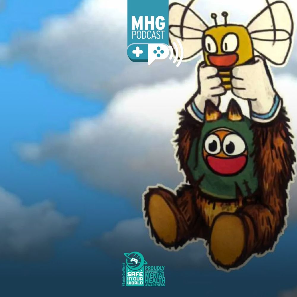 A fun comic image of a smiling bear-like creature flying with the help of a cartoon bee creature, also smiling.
