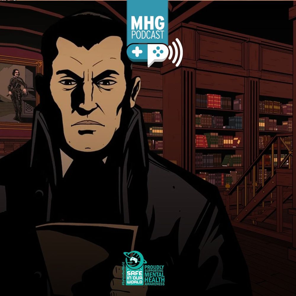 A stylised, cartoonish image of a stern white man reading a document, whilst standing in a library filled with books and a portrait on the wall. 