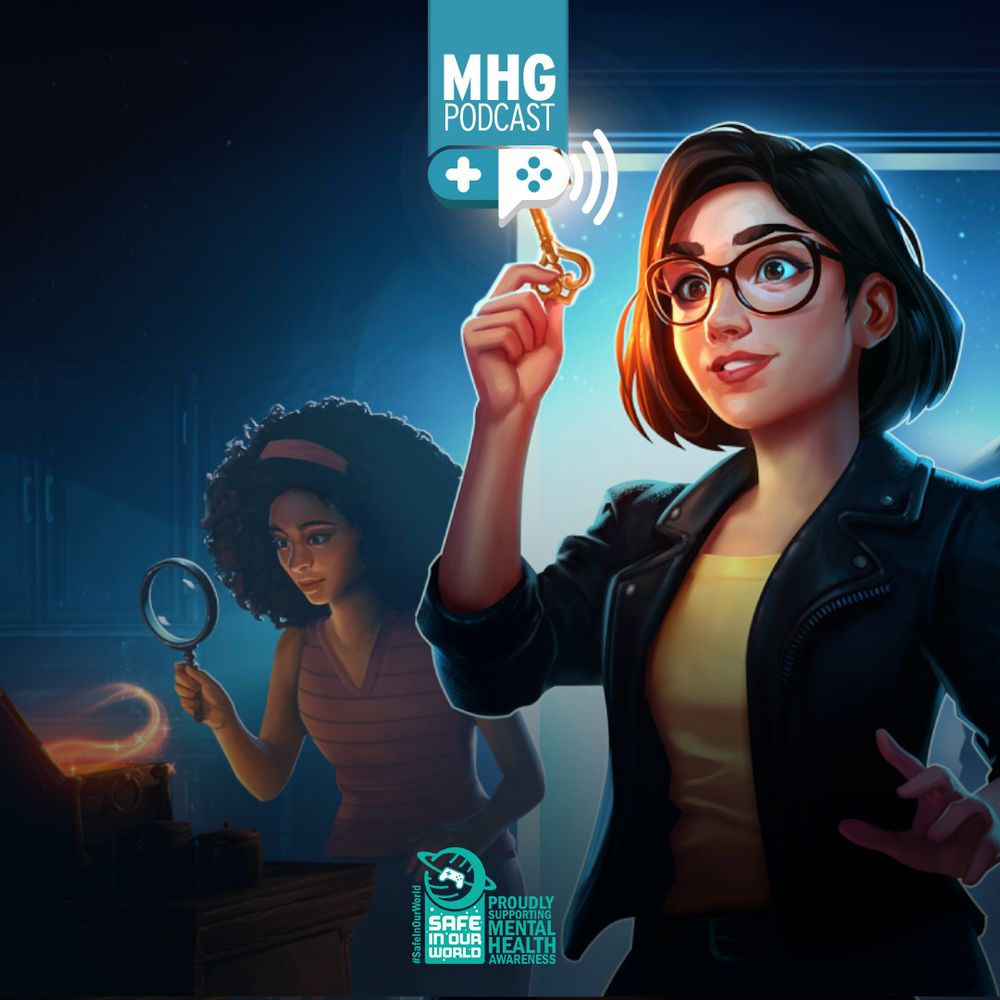 A white woman (foreground) and a black woman (background) exploring a room. The woman in the foreground has discovered a pair of golden scissors, and the woman in the background is using a magnifying glass to examine a magical box.