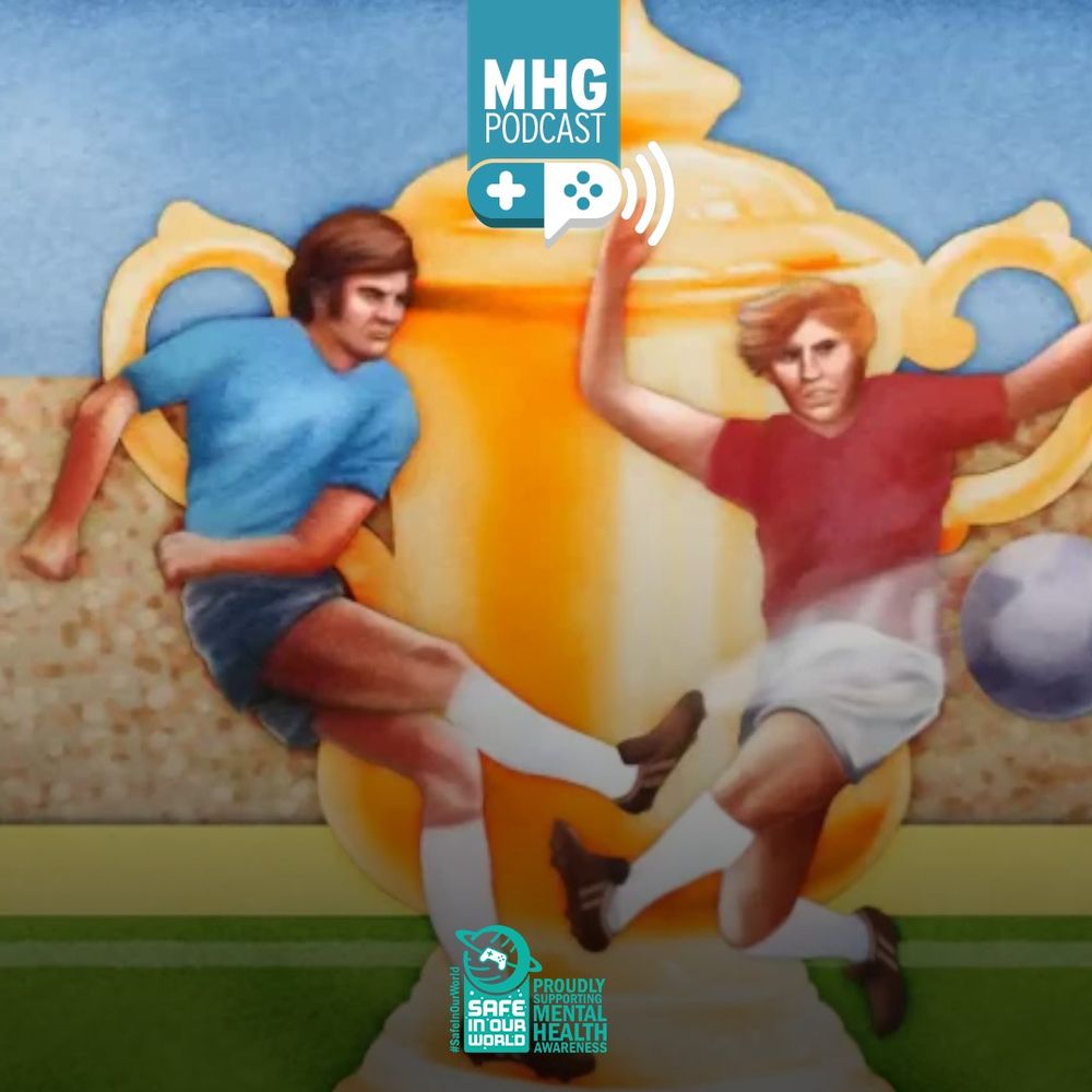 A retro image of two opposing footballers challenging for the ball against the backdrop of a superimposed trophy