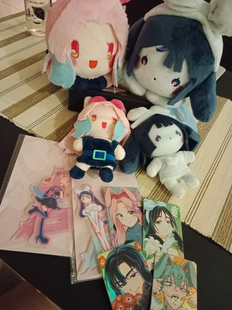 My merch haul from the alien stage pop up at KL. There are two large mizi and sua bunny plushies, followed by the bunny mizi and sua plush charms, the mizi and sua bunny acrylic standee, and finally the Malaysian exclusive photocard of mizi, sua, ivan and till.