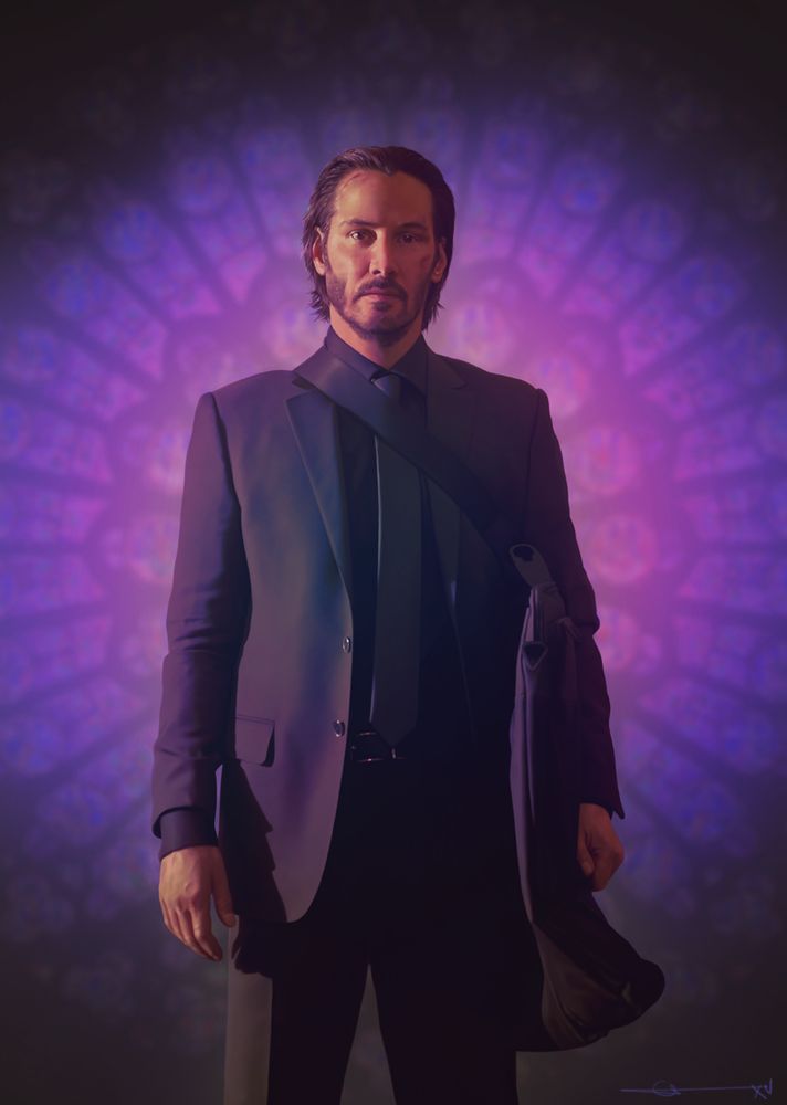 a realistic digital drawing of Keanu Reeves as John Wick in a dark suit and tie with a large bag across one shoulder, hair slicked back, standing before a softly glowing purple rose window