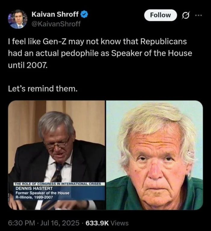 a tweet showing fmr GOP speaker Dennis Hastert alongside his mugshot