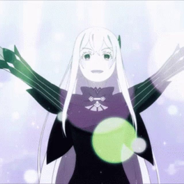 a girl with long white hair is standing with her arms outstretched in front of a green ball .