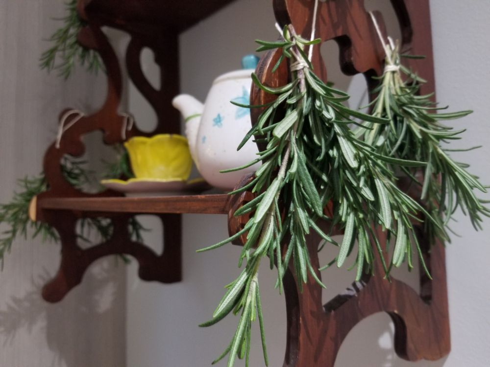 Bundles of rosemary hang to dry from the curved edges of a dark wooden hanging shelf. A teapot and yellow teacup in the shape of a flower are visible on the shelf.