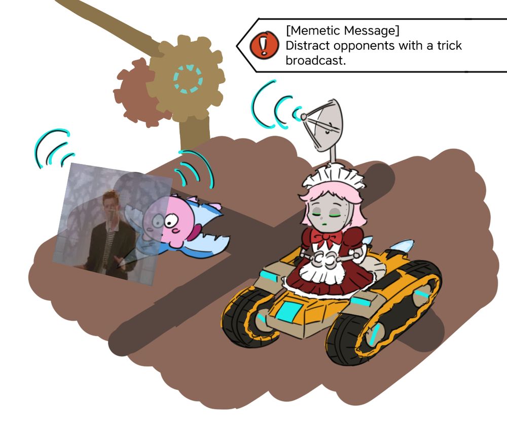 a maid robot sitting relaxed on the tank star. a satellite is sticking out of her head, broadcasting a rickroll gif that appears in front of a shocked kirby on the winged star. a similar prompt reads [Memetic Message] distract opponents with a trick broadcast