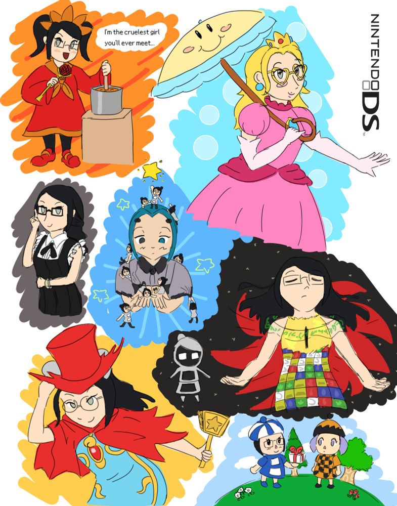 various drawings of a nintendo ds-themed girl with long black hair, light skin and grey-green eyes, wearing glasses. she has costumes themed after the following games: warioware twisted, super princess peach, the world ends with you, kirby squeak squad, kirby mass attack, meteos, animal crossing wild world
