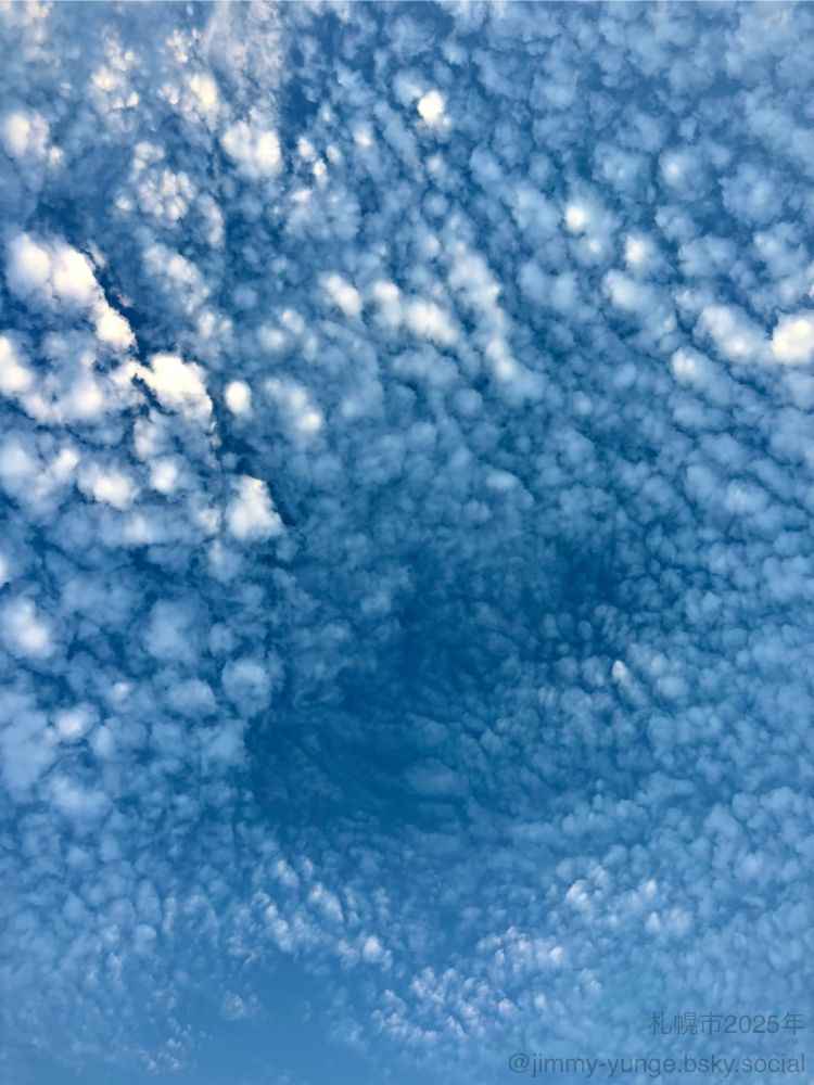Looking up at the sky covered in cirrocumulus (small puffs everywhere). A void in the cloud field looks like a black hole or hurricane eye or something.