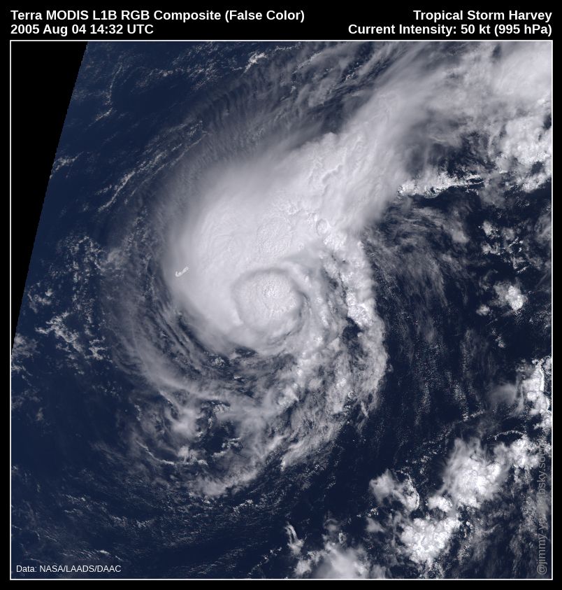 Terra MODIS RGB composite image of Tropical Storm Harvey near peak intensity (50kt, 995hPa) passing ~150 km ESE of Bermuda on 2005 August 4, around 14:32 UTC. The system is compact with a big convective burst occurring near the center and most of the storm activity to the north. Data from NASA.