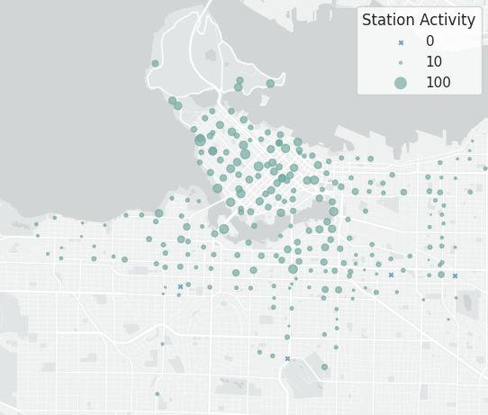 Map of stations with circle radii corresponding to number of trips yesterday