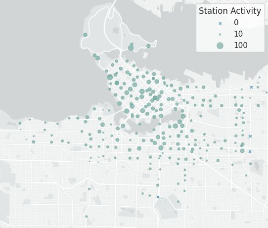 Map of stations with circle radii corresponding to number of trips yesterday