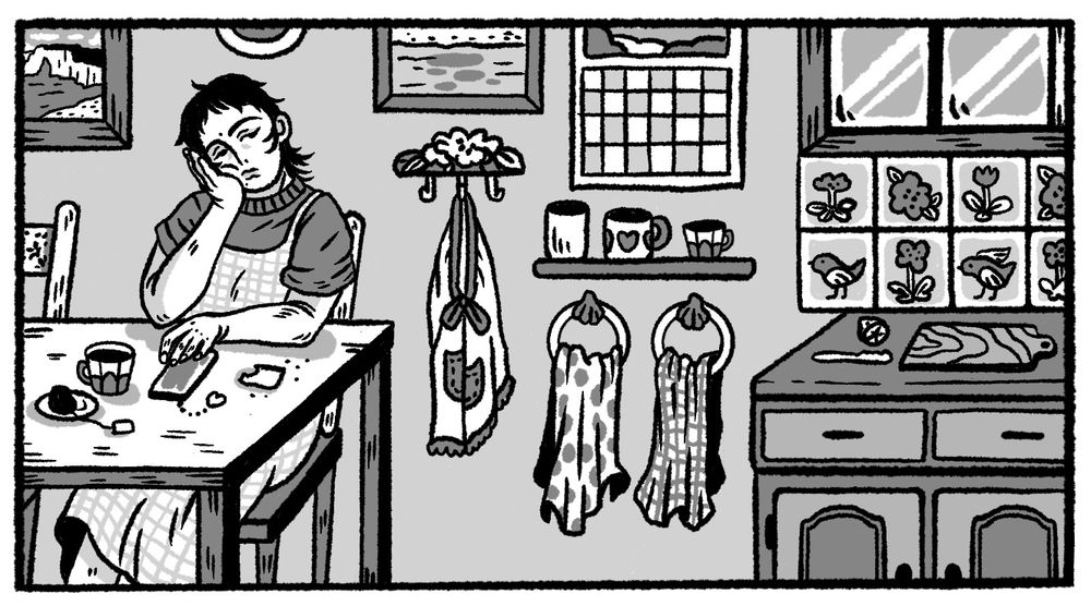Black and white panel from my short horror comic. A bored girl in a cute cottage kitchen.
