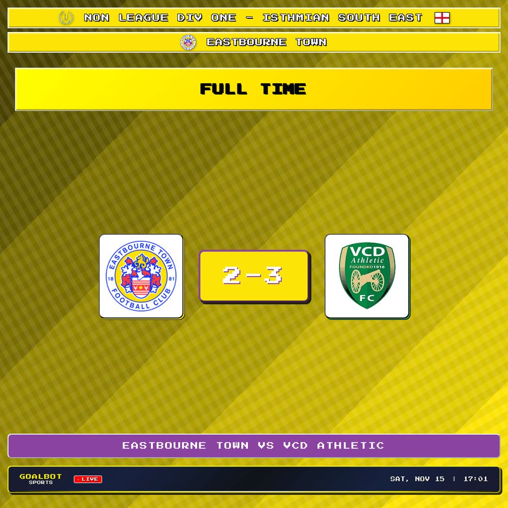 🏁 FULLTIME — Eastbourne Town 2–3 VCD Athletic. Non League Div One - Isthmian South East

#eastbournetown #vcdathletic