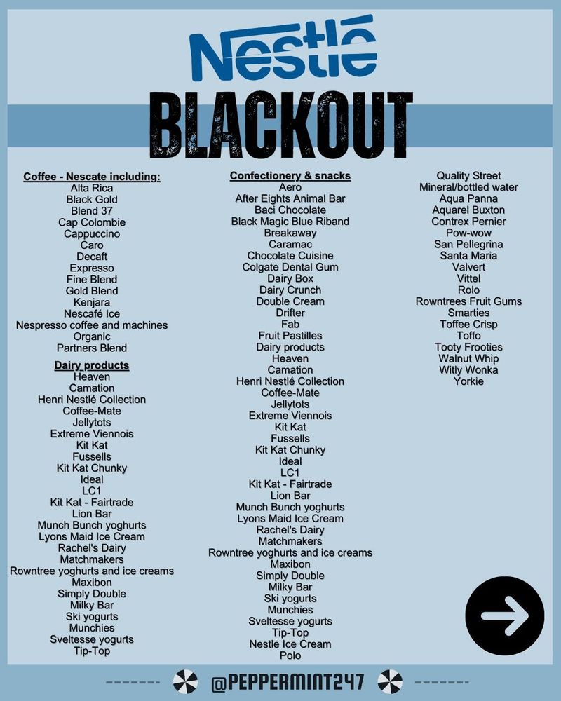 A Nestle blackout showing a list of brands to avoid