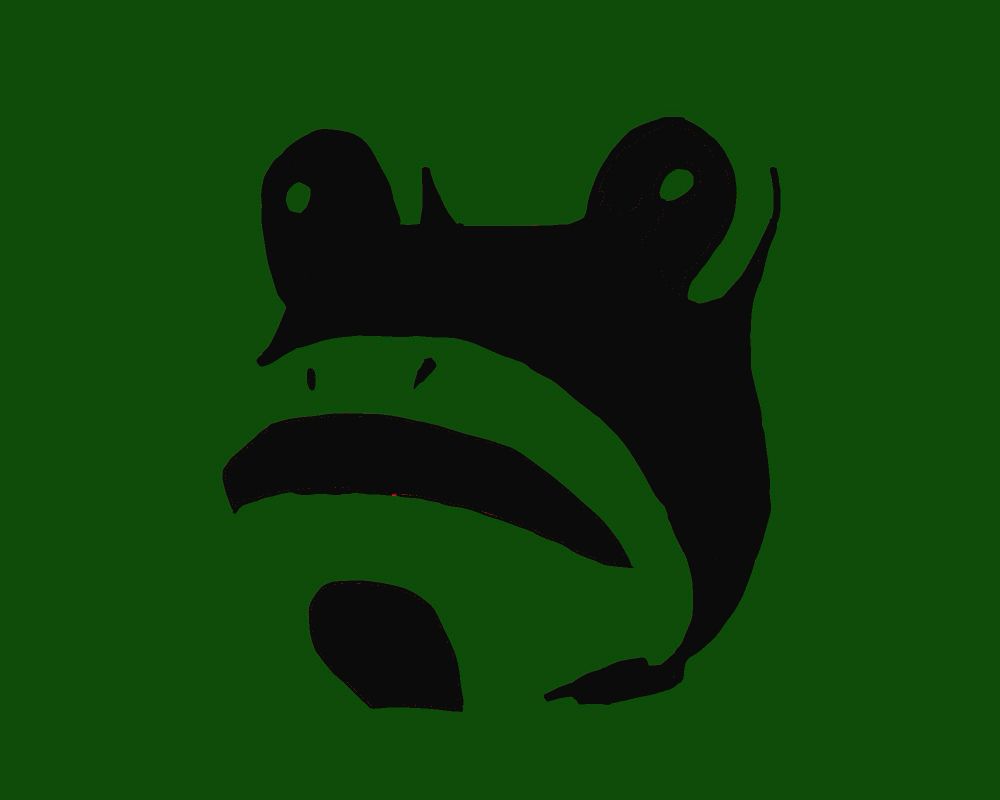 The outline of an inflatable frog costume head in black on a green background 