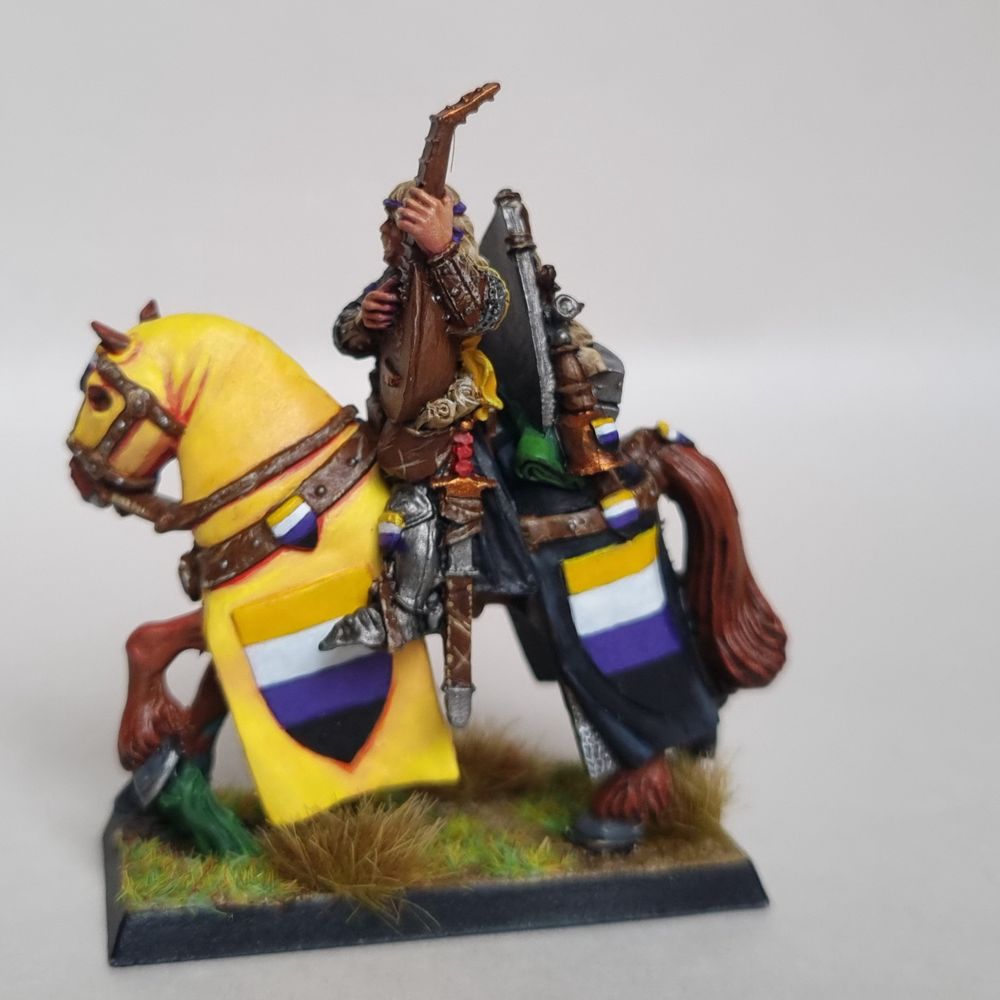 A Bretonnian questing knight musician. They wear the coat of arms and colour scheme of the non-binary flag.