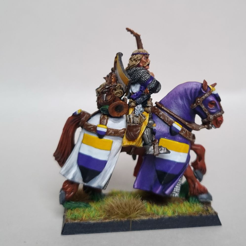 A Bretonnian questing knight musician. They wear the coat of arms and colour scheme of the non-binary flag.