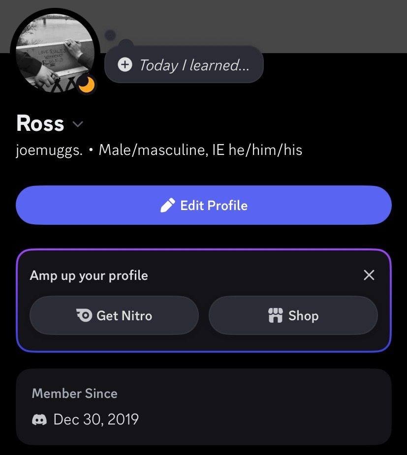 A screenshot shows my first name, Ross, and my username, “joemuggs.” On Discord.