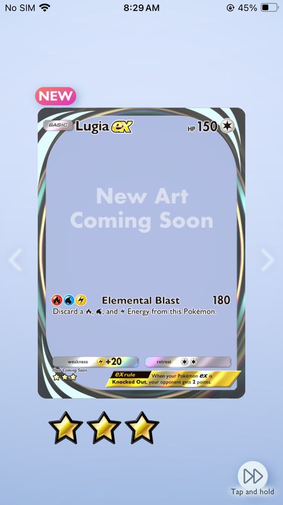 Lugia ex illustrator rare from Pokemon TCG Pocket with placeholder text "New Art Coming Soon" in place of artwork