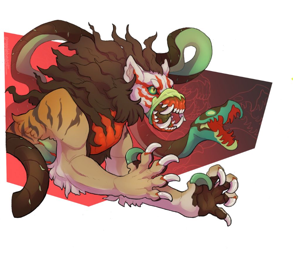 A halfbody image of Nue, a chimera looking creature with tigery arms, a gelada-baboonish face, and snake tail, leaping aggressively toward the right with claws outstretched. Her mouth is open in a snarl, with her lips pulled back away from her teeth and flipped back how baboons do. Her snake tail is coiled around and behind her, mouth open and striking forward, and she looks fierce.