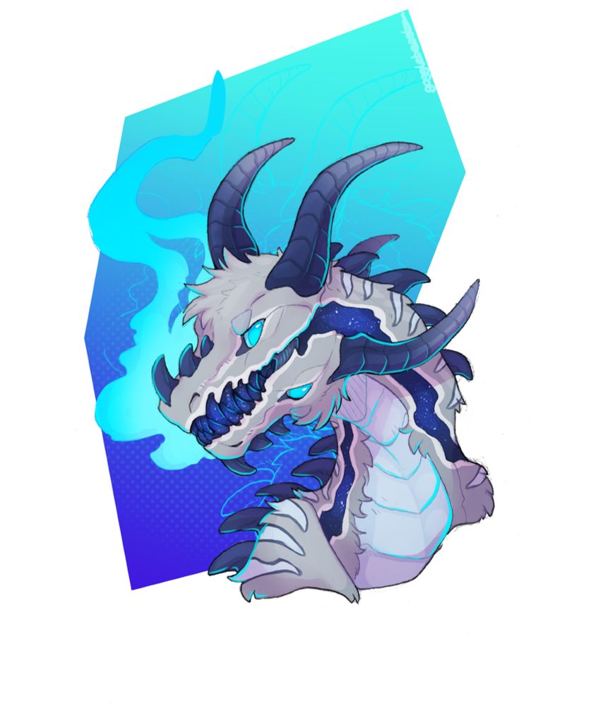A headshot of a dragon character, looking fierce and with blue smoke coming from their mouth. Their head is mirrored on the top and bottom, with their bottom jaw being the same as the top of their head, complete with eyes and horn and nose, and glassy, star-like teeth lock together between the two. They have a trail of shimmery galaxy markings down the sides of their neck.