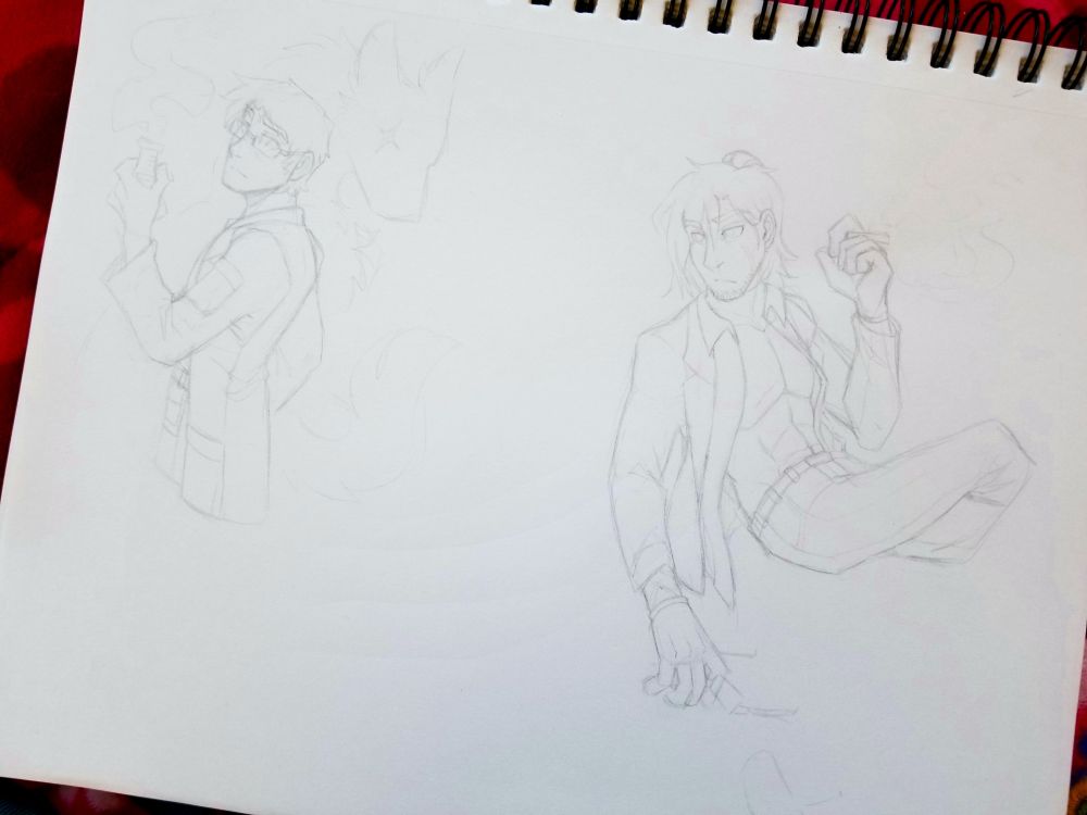 A really crunchy photo of a sketchpage that I tried to make remotely visible with my very very ridiculously light lead undersketches. It features two halfbody sketches of some male characters from artfight, one a scientist holding up a beaker and glancing behind him while a wolfish shadow lurks in the background, and the other a man lounging back and smoking a cigarette with his shirt half open and one leg crossed over the other. 