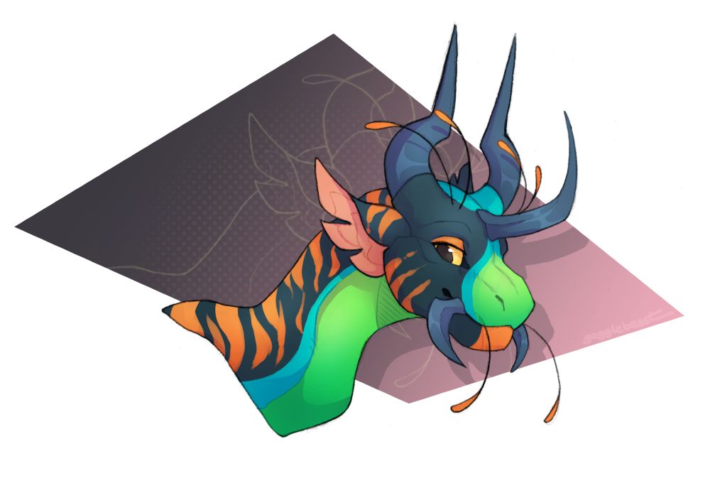 A headshot of a brightly colored and slightly buggy looking dragon. He has dual horns that curl and run straight up on the top of his head, one curved unicorn style flat horn coming from his forehead that curves back, and buggy mandible horns on either side of his jaw. He is looking back to the viewer with a laid back expression.