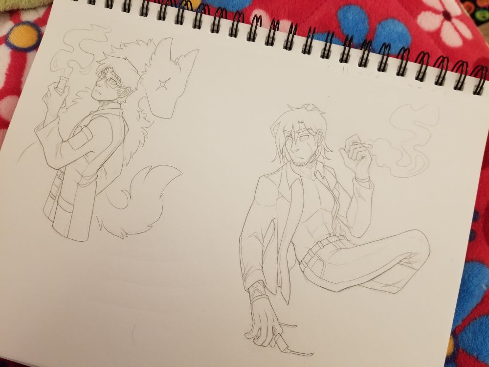 A photo of a sketchbook page. It features two halfbody sketches of some male characters from artfight, one a scientist holding up a beaker and glancing behind him while a wolfish shadow lurks in the background, and the other a man lounging back and smoking a cigarette with his shirt half open and one leg crossed over the other. 