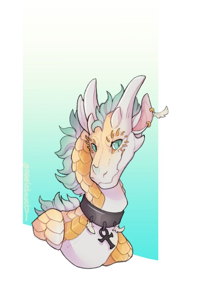A headshot of a graceful looking dragon character, head tilted to one side while looking to the right with a soft expression. She has golden and white scales and a seafoam green tipped mane running down her back, with big white horns arched over her head, and golden spikes that jut out around her eyes. One ear is pierced, and she wears a dark metal collar with an ankh on it, and small feathered accessories.