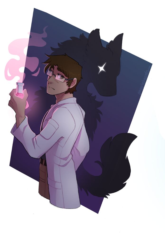 For Lonely_in_the_rain on AF! A halfbody of a scientist character, Gray, stnading with his back partly facing the viewer while holding a glowing pink beaker. He is turned to look over his shoulder with a slightly concerned, somber expression, and the pink reflects off of his glasses. Behind him, a wolfish looking shadow with glowing white eyes looms.