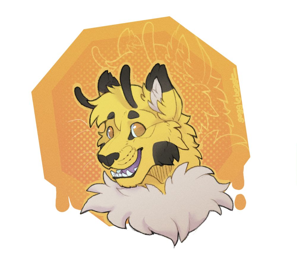 A headshot of a cat-bee hybrid, smiling and facing left. He has yellow fur with black markings, and a big ruff of white fur around his neck. And little antenna! The background is a honeycomb cell dripping honey.