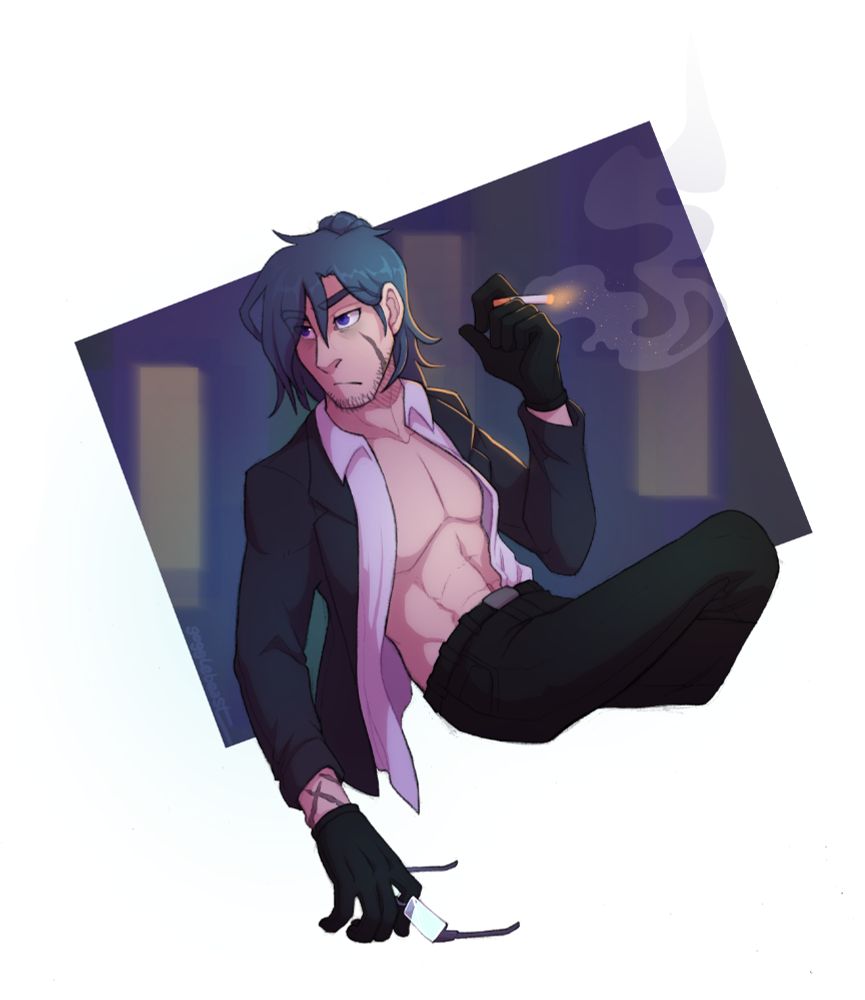 Halfbody art of a man in a suit lounging in a seated position, one leg crossed over the other and with a lit cigarette in one hand. He is turning to look over his shoulder with an unimpressed expression, and his shirt is half untucked and open, showing his bare chest and abs. His other arm is down to his side, loosely holding his glasses.
