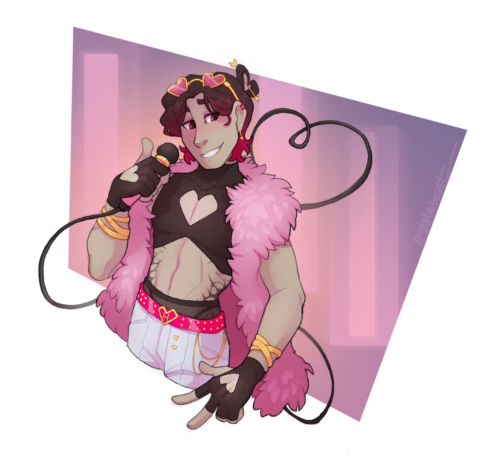 For khuohy on AF! alfbody of a stylish looking, cupid-themed man holding a mic up toward him and glancing sideways to the viewer with a charming smile. He's wearing a black crop top with a heart cut out of the chest and a big pink fur sleeveless jacket, and his shorts are low on his hips. He has fingerless gloves with hearts cut out of the back and pink heart glasses on top of his head, and the microphone cord is wrapping behind him, forming another heart.