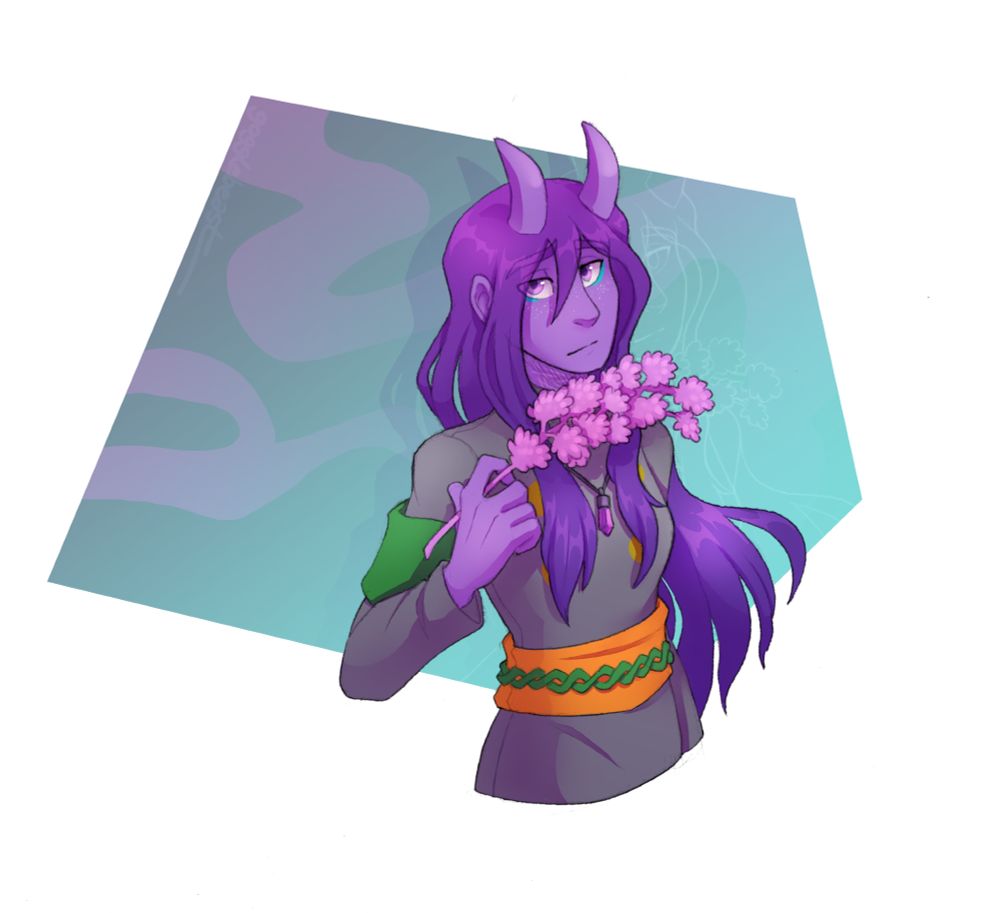 A halfbody of a young, purple demon girl. She has two horns arcing from her head, and is looking toward the viewer somberly, holding up a sprig of lilac across her neck.